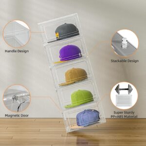 Hat Organizer Box for Baseball Caps, 6 Pack Clear Plastic Hat Storage Box, Hat Holder for Closet, Hat Display Case with Magnetic Door, Hat Rack, Snapback Organizer, Hat Case, Hold 8 Cap Each