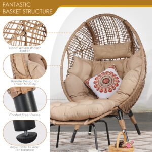 NICESOUL® 2 Person Indoor Outdoor Stationary Wicker Egg Chair Oversized Thicken Cushions Double Egg Seat 440lbs Egg Basket Lounge Chair with Ottomans, Boho Rattan Chair for Patio Brown