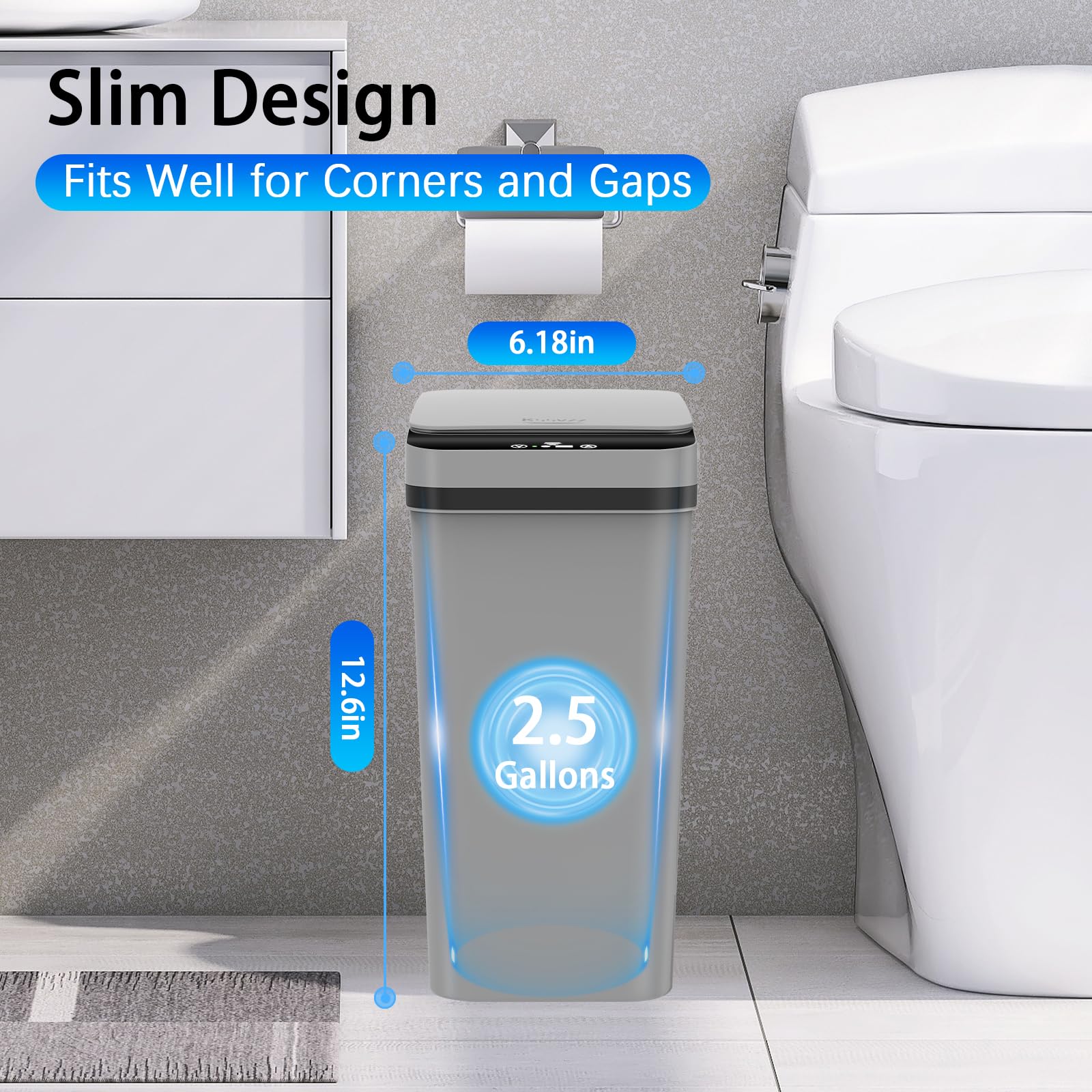 3 Pack Automatic Small Bathroom Trash Can with Lid - 2.5 Gallon Touchless Garbage Can, Motion Sensor Smart Trash Bin, Slim Dog Proof Trashcan, Waterproof Plastic Wastebasket for Bedroom Office Kitchen