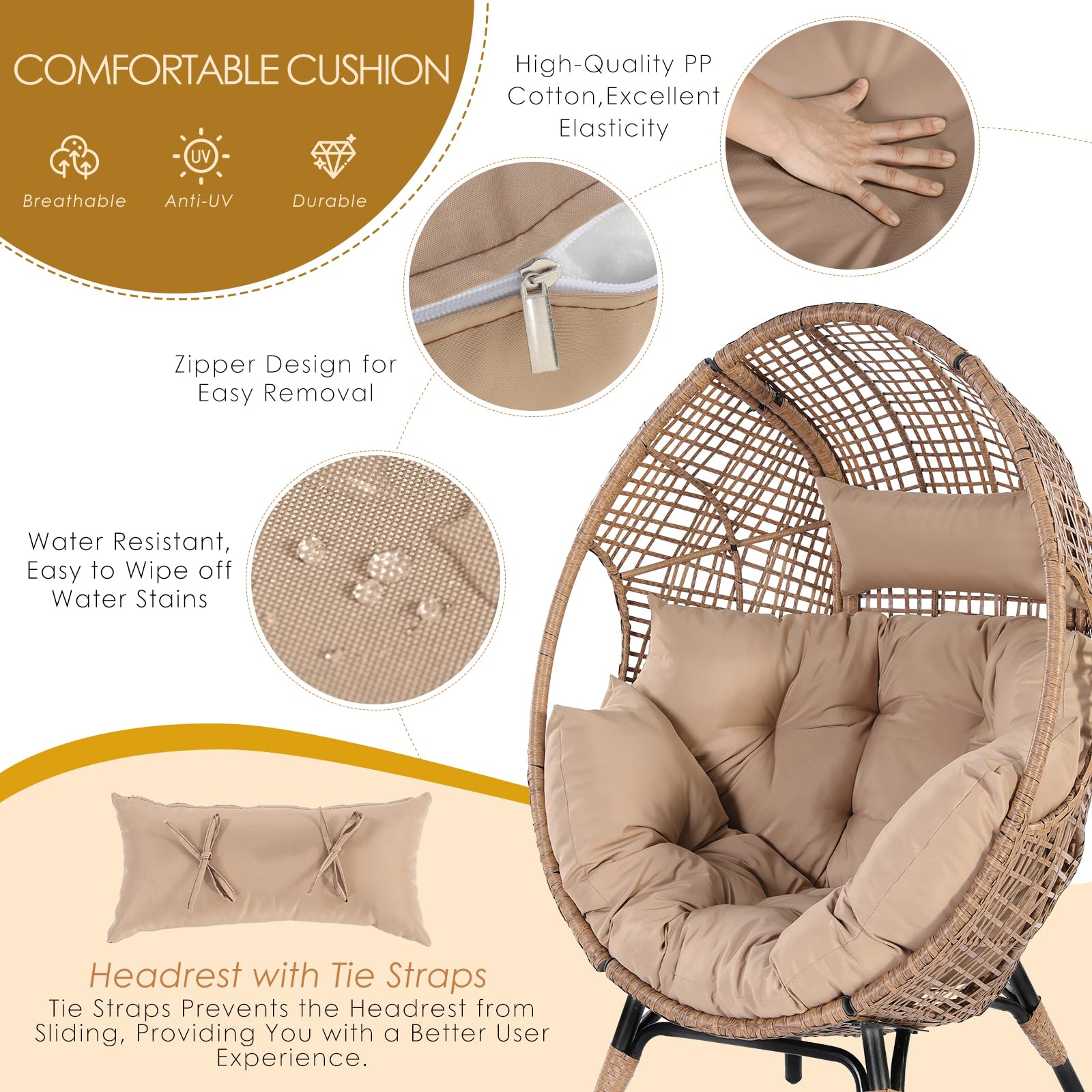 NICESOUL® 2 Person Indoor Outdoor Stationary Wicker Egg Chair Oversized Thicken Cushions Double Egg Seat 440lbs Egg Basket Lounge Chair with Ottomans, Boho Rattan Chair for Patio Brown