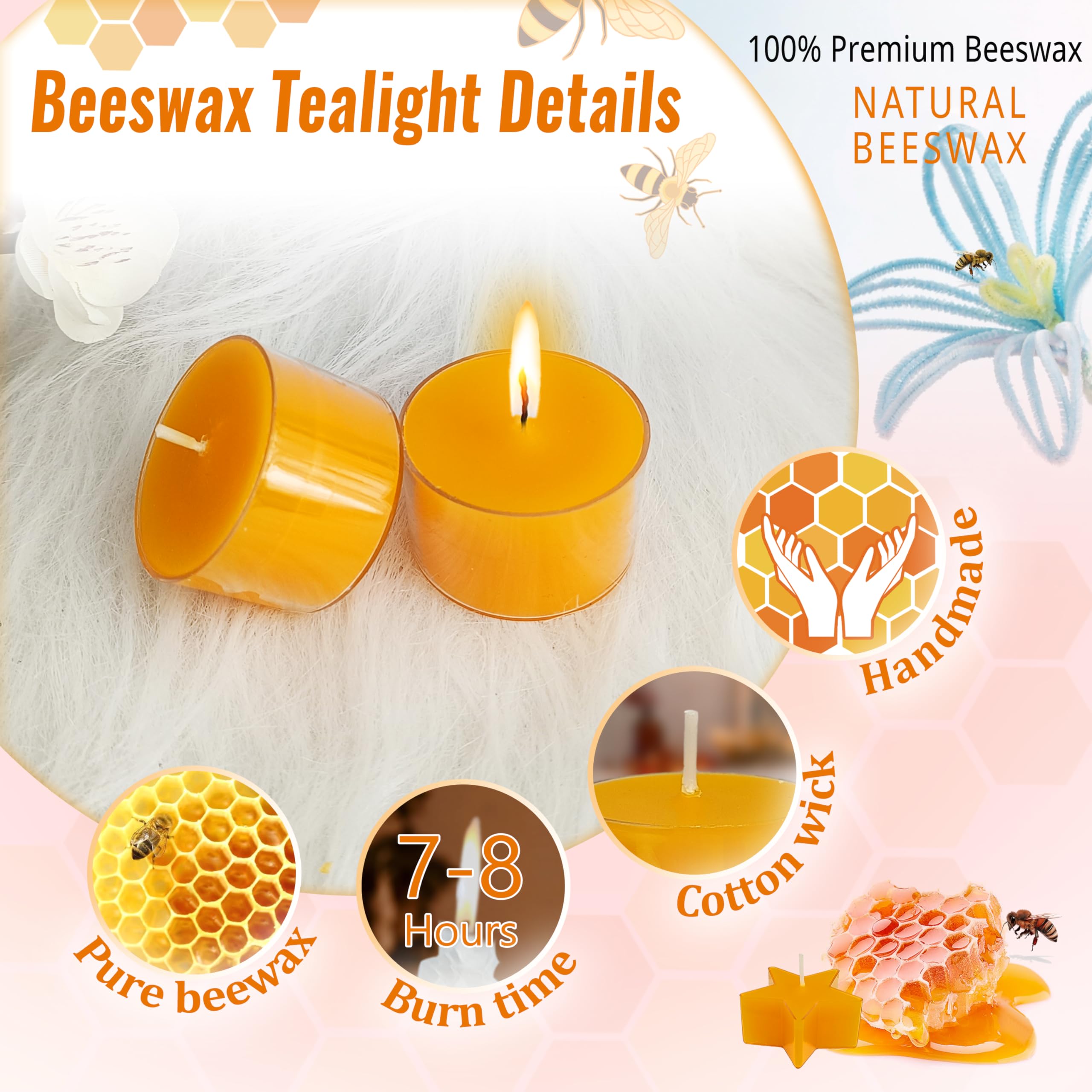 Round Shape Beeswax Tealight Candles, 24 Pack Handmade Natural Beeswax Tea Light Candles Set, Clear Cup Yellow Bees Wax Tealight 9 Hour Burn Time for Home Decor, Shabbat, Wedding, Emergency