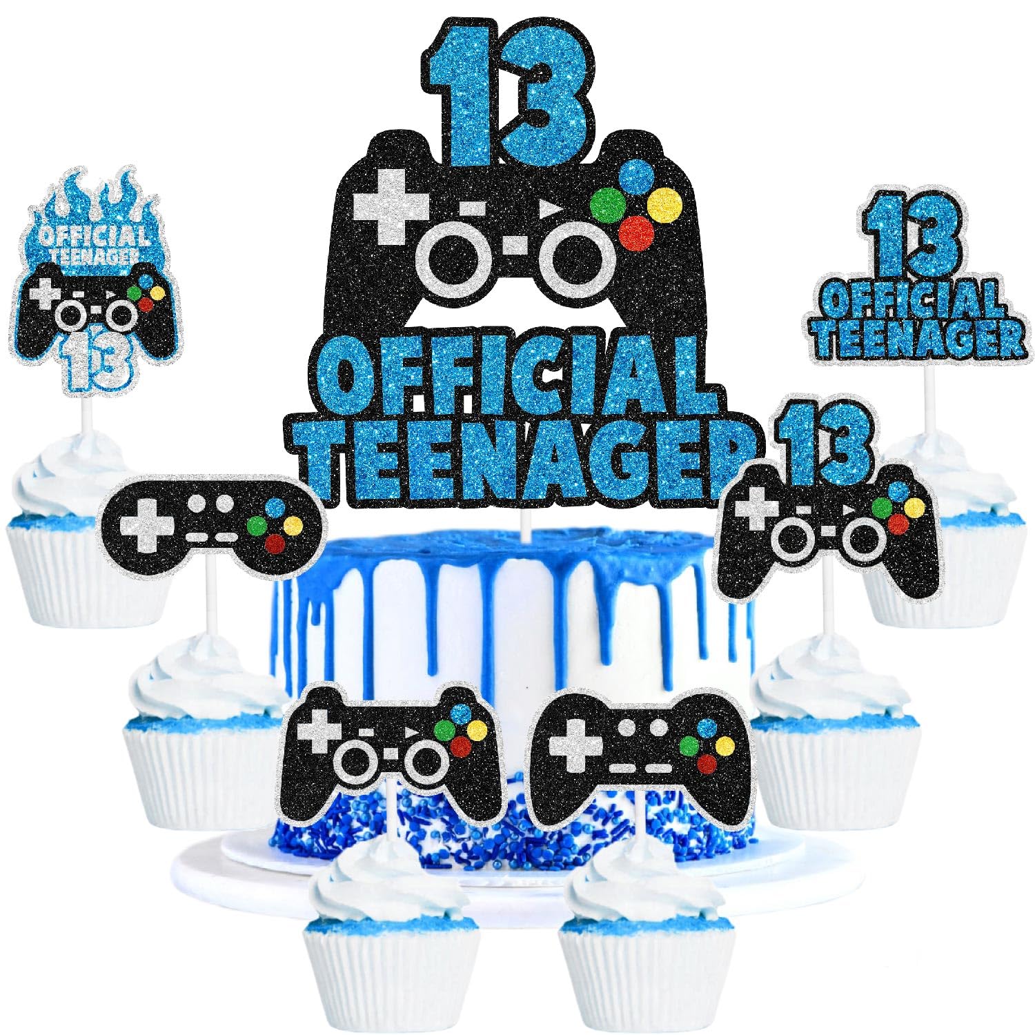 7 Pcs Gaming Cake Topper Set, Official Teen Gaming Themed Upgraded Happy 13th Birthday Unlockable Controller Decorations, Video Game Themed Party, Boys and Girls Birthday Party Decorations. LIANGSS