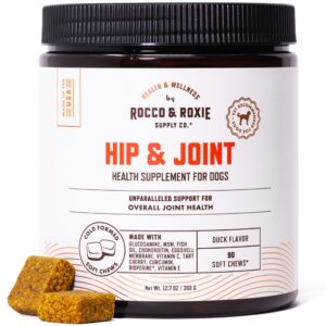 rocco & roxie joint supplement for dogs, glucosamine hip and joint chews, dog joint supplement large & small breed, senior dog vitamins to support mobility, chondroitin, msm, dog health supplies 90 ct