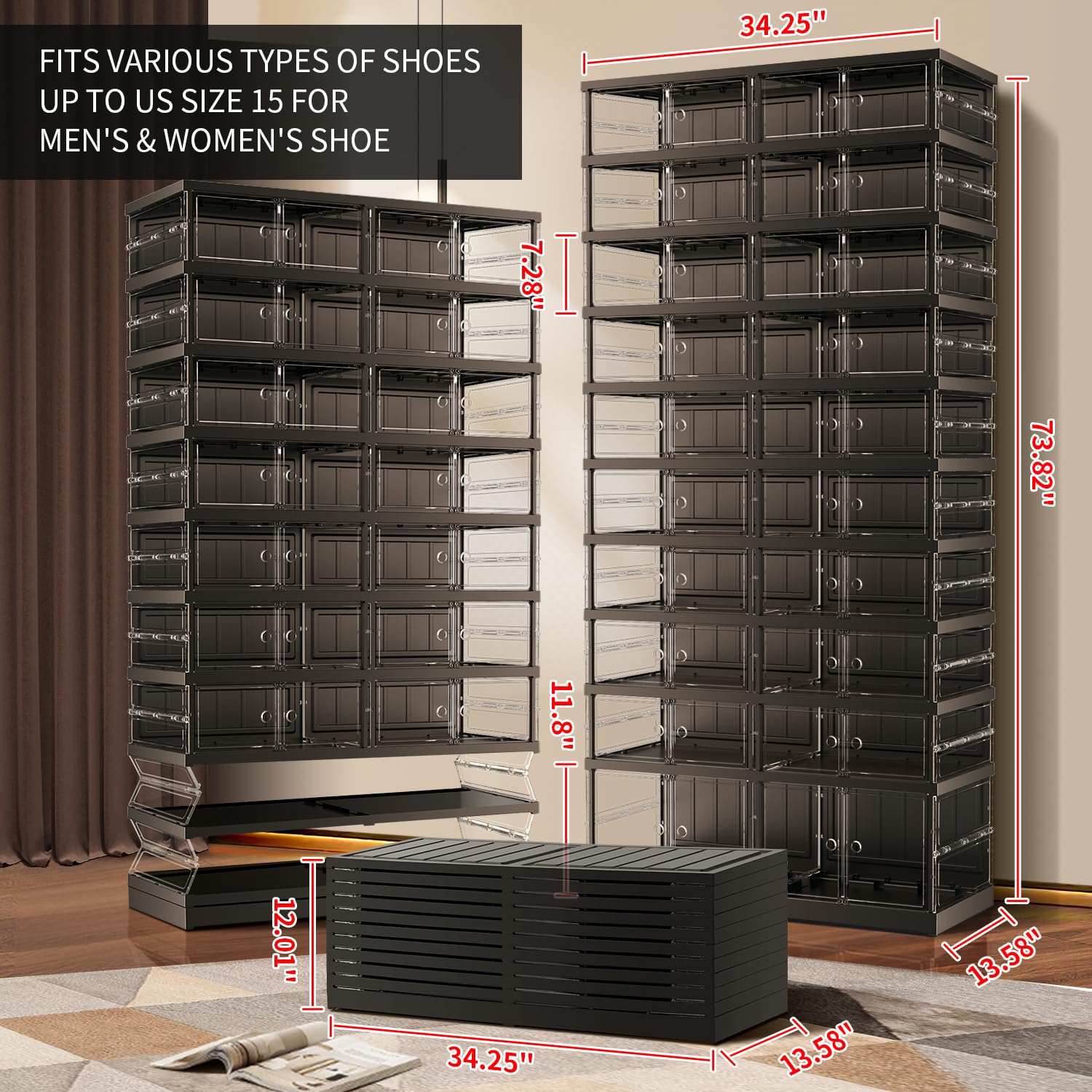 EHAMILY 10 Tiers 20-40 Pairs Foldable Shoe Boxes Large Plastic Shoe Storage Rack Collapsible Shoe Organizer for Closet Clear Stackable Shoes Shelf Storage Cabinet with Doors Quick Assembly Black