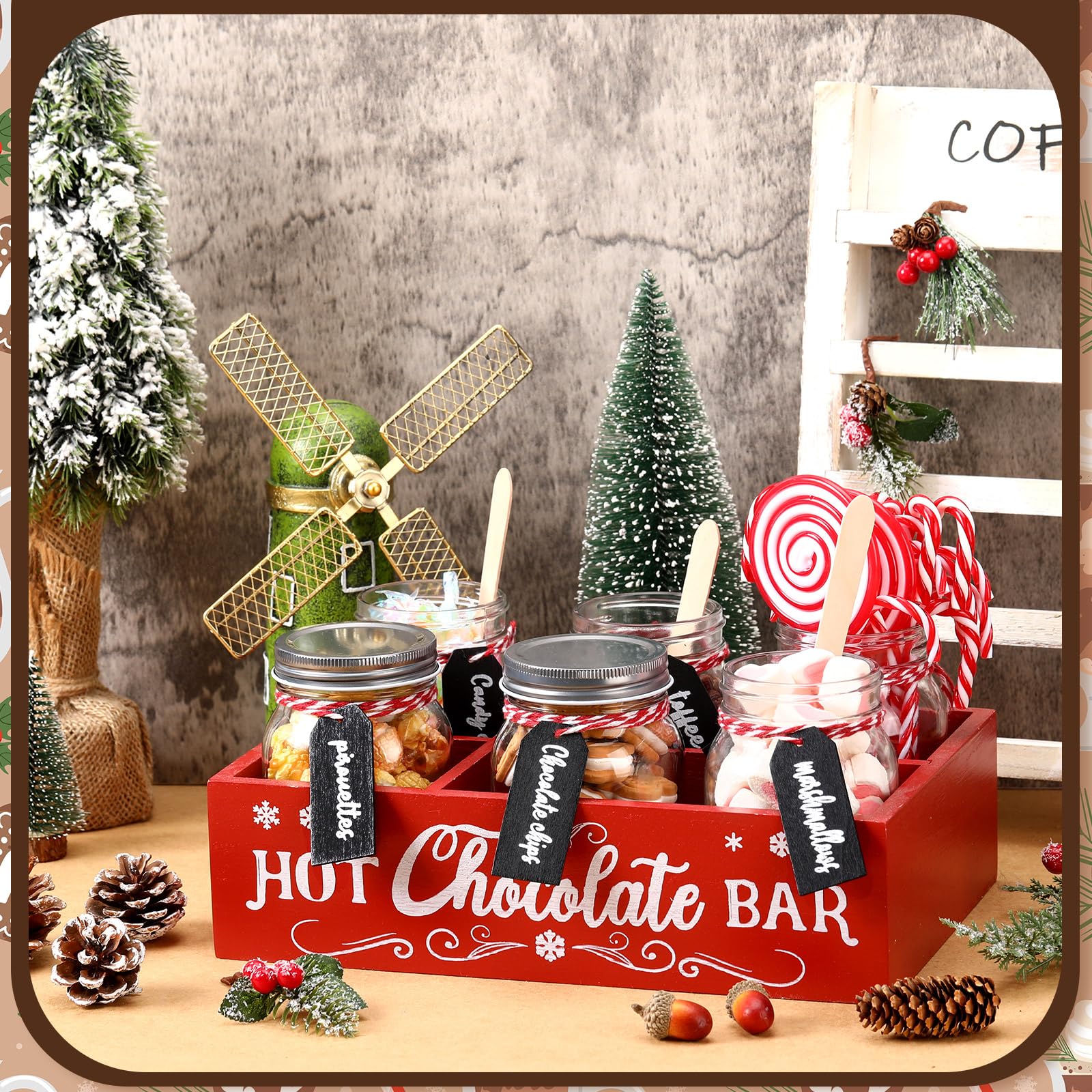 Sunnychicc 6 Sets Hot Chocolate Jars for Hot Chocolate Bar Christmas Hot Cocoa Bar Supplies DIY Hot Cocoa Glass Jars Wooden Chocolate Spoons Hot Cocoa Bar Jars for Hot Chocolate Party Favors Supplies