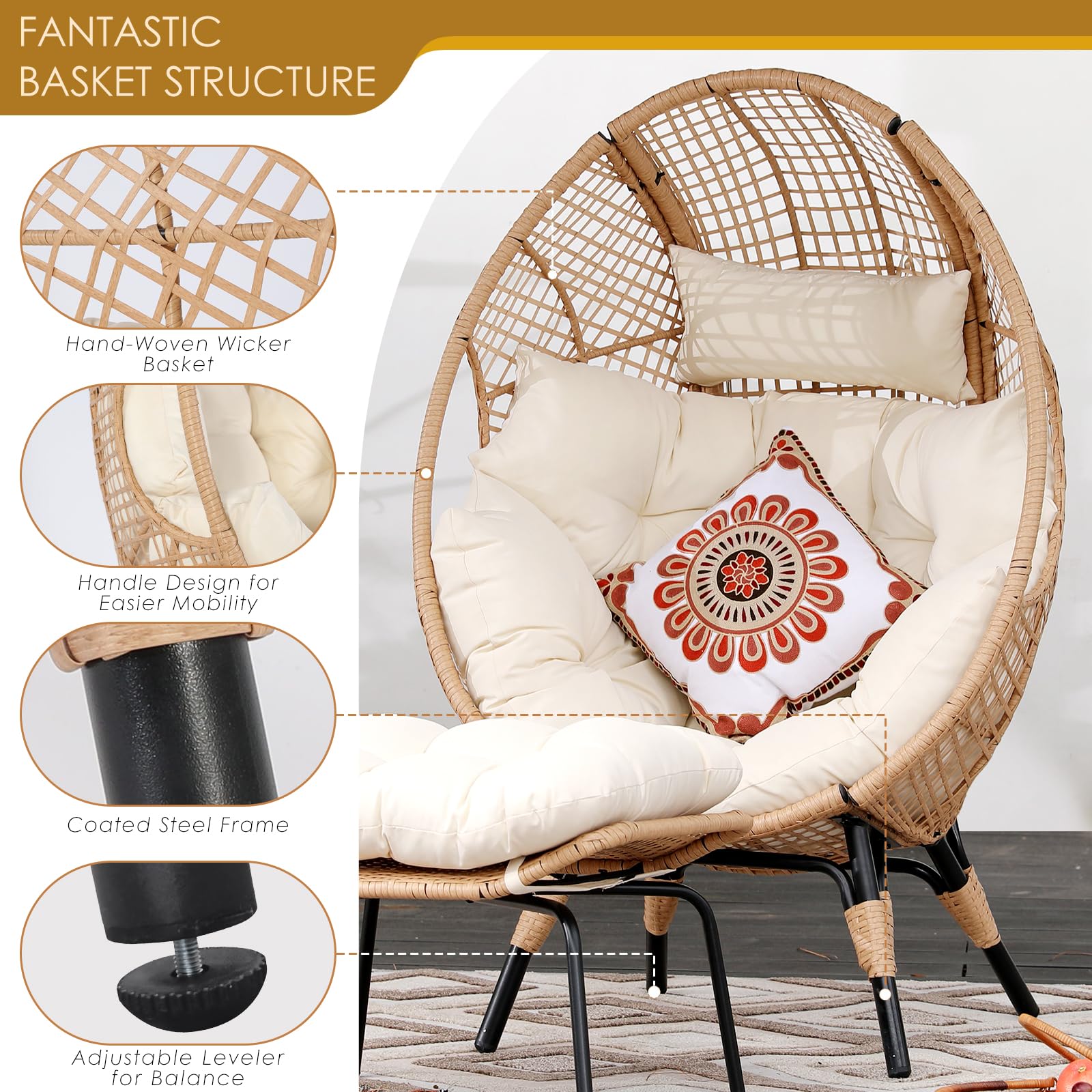 NICESOUL® Wicker Stationary Egg Chair Indoor Outdoor Egg Basket Lounge Chair Oversized Thick Cushions Egg Seat with Legs 440lbs Egg Nest Chair with Ottoman, Boho Rattan Chair for Patio Beige