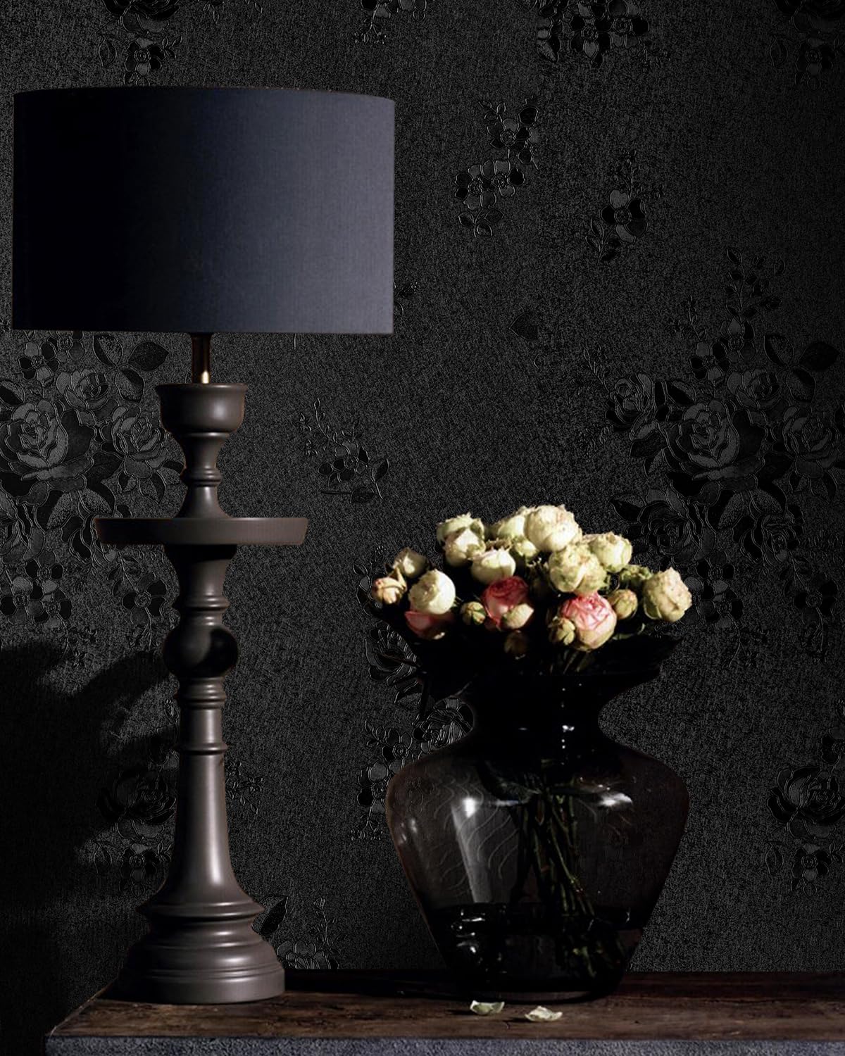 lenify Black Flower Wallpaper Stick and Peel 17.7inch x 118.1inch Embossed Floral Stick Peel Contact Paper Solid Pure Waterproof Black Self Adhesive Wallpaper Black Flower Removable Shelf Vinyl Roll