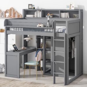 softsea twin loft bed with desk and wardrobe, solid wood loft bed with desk and storage shelves, high loft bed frame with bookcase headboard and ladder for kids teens adults, gray