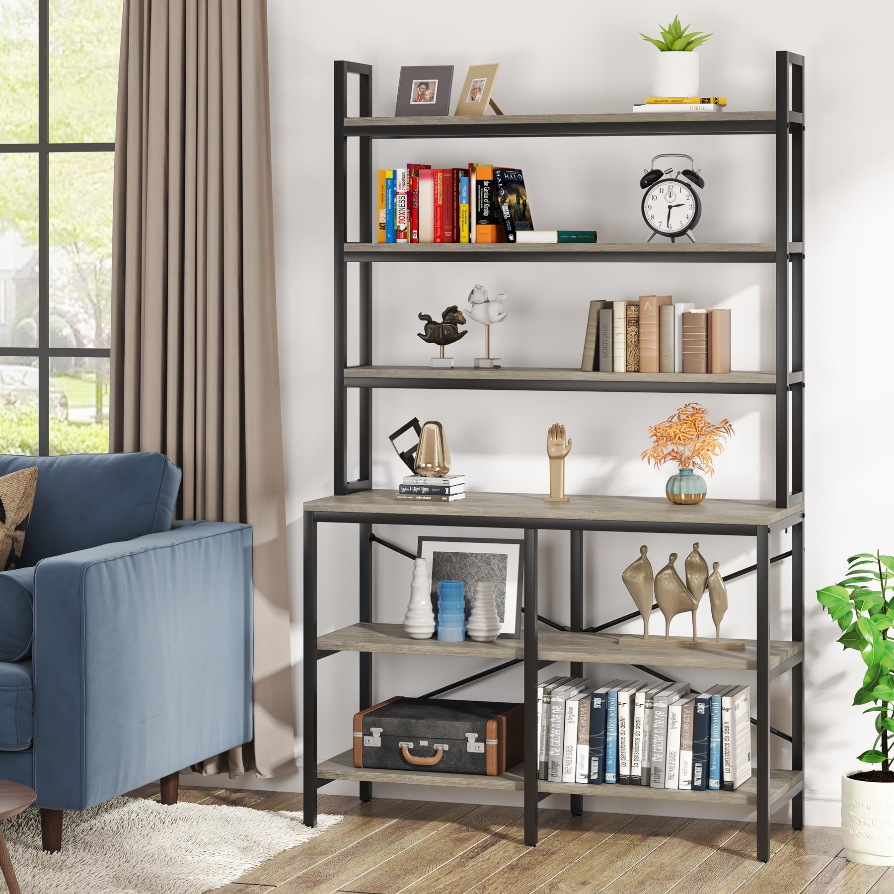 Tribesigns 6-Tier Bookshelf,Industrial Bookcase with Open Shelf,6 Shelf Storage Rack with X-Shaped Frame,Rustic Book Shelf for Living Room, Bedroom,Home, Office (1, Retro Gray)