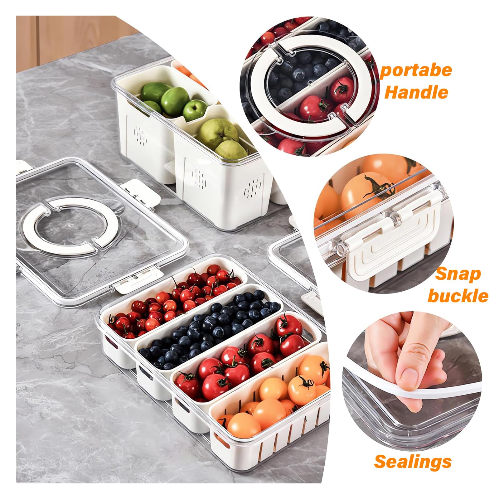 YFUIF Portable Fruit Storage Containers for Fridge, 4 Compartments Snack Box Container, BPA-Free Divided Serving Tray with Lid for Veggie, Clear Snack Tray Candy Tray (1, 4 Compartment-1 Pack)