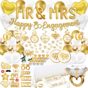 gold engagement party decorations - (total 90pcs) glitter happy engaged banner, mr and mrs balloons, hanging swirl,balloons, ring balloons for wedding engagement party decor