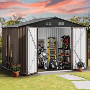 dwvo 10x8 ft outdoor storage shed - spacious garden tool shed with lockable door - durable metal yard shed for garden, patio, and backyard (brown)