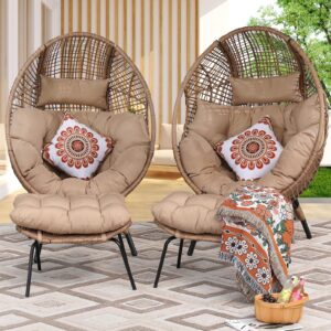 nicesoul® 2 person indoor outdoor stationary wicker egg chair oversized thicken cushions double egg seat 440lbs egg basket lounge chair with ottomans, boho rattan chair for patio brown