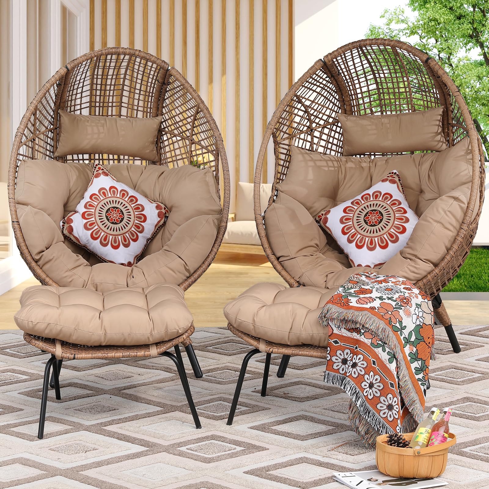 NICESOUL® 2 Person Indoor Outdoor Stationary Wicker Egg Chair Oversized Thicken Cushions Double Egg Seat 440lbs Egg Basket Lounge Chair with Ottomans, Boho Rattan Chair for Patio Brown