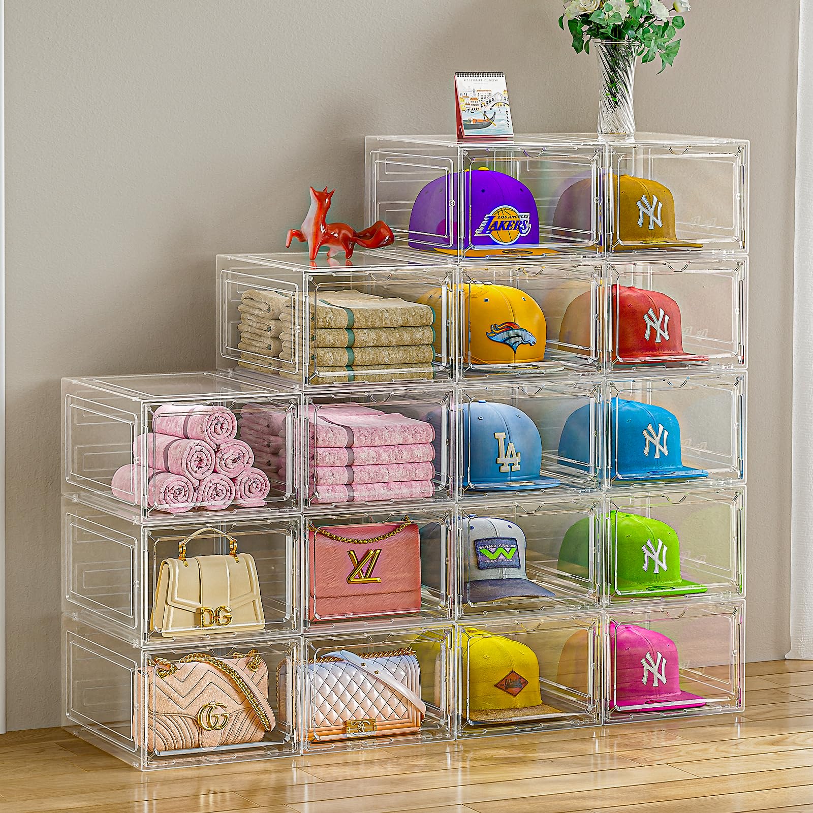 Hat Organizer Box for Baseball Caps, 6 Pack Clear Plastic Hat Storage Box, Hat Holder for Closet, Hat Display Case with Magnetic Door, Hat Rack, Snapback Organizer, Hat Case, Hold 8 Cap Each