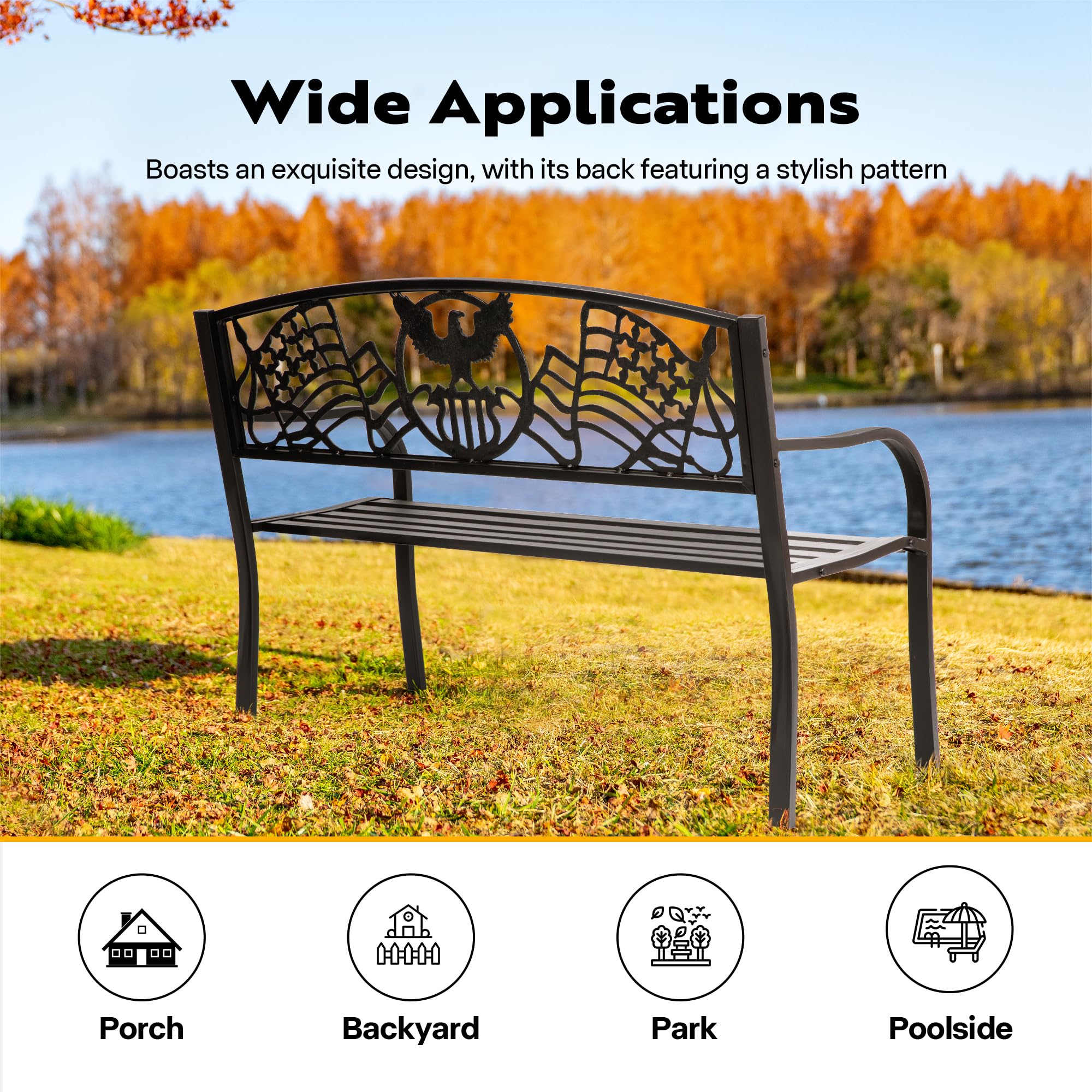 VIVOHOME 50 Inch Outdoor Garden Bench Cast Iron Metal Frame Patio Park Benches for Porch Yard Lawn with Pattern Backrest