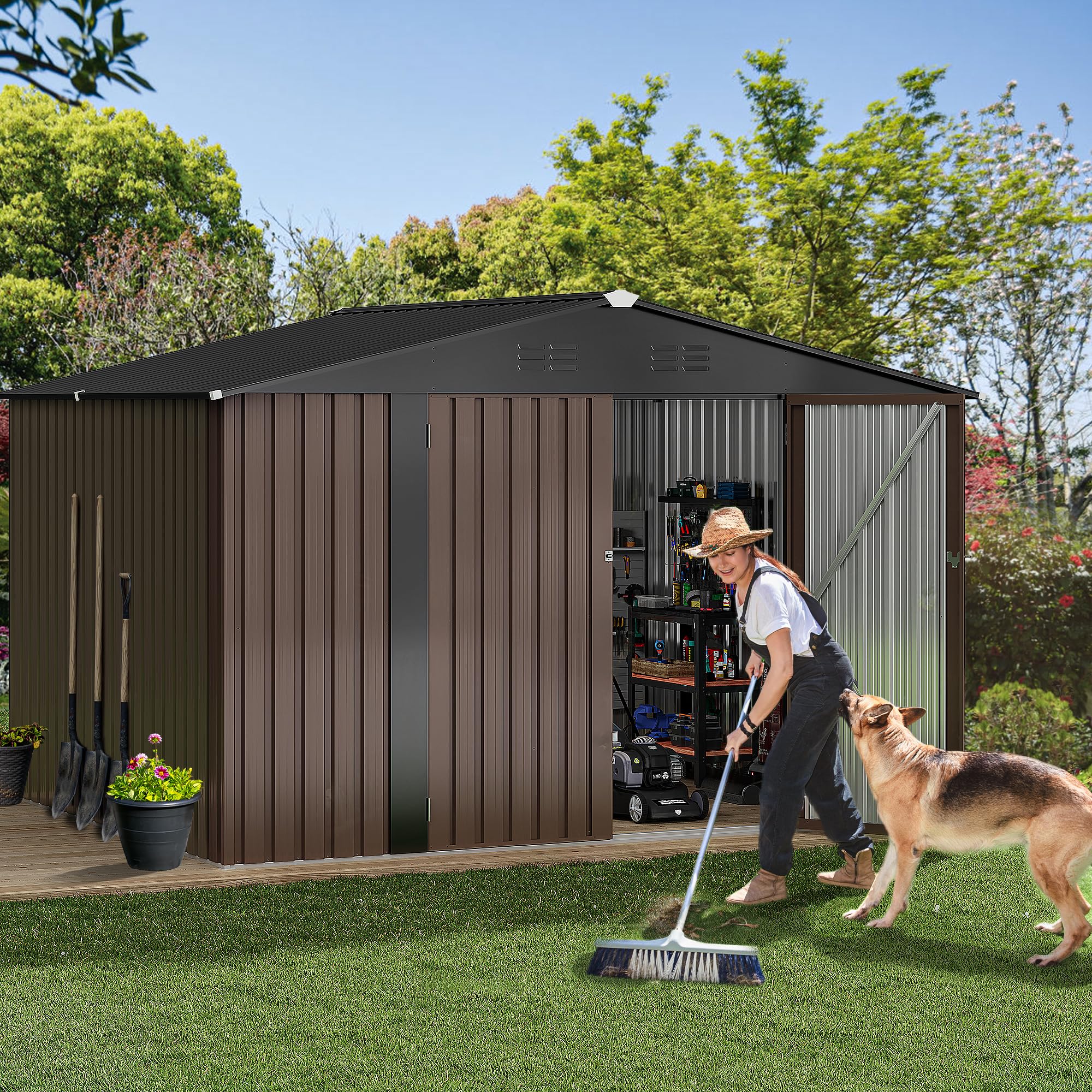 DWVO 10x8 FT Outdoor Storage Shed - Spacious Garden Tool Shed with Lockable Door - Durable Metal Yard Shed for Garden, Patio, and Backyard (Brown)