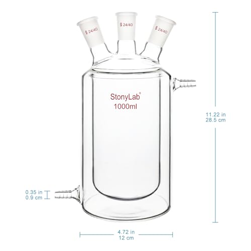 stonylab Jacketed Reaction Flask, Flat Bottom Double Layer Reaction Vessel with Three 24/40 Standard Joints, 1000 ml