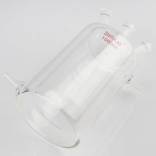 stonylab Jacketed Reaction Flask, Flat Bottom Double Layer Reaction Vessel with Three 24/40 Standard Joints, 1000 ml