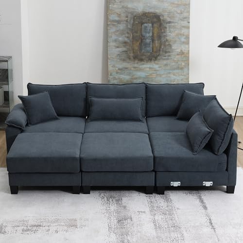 133" Oversized Corduroy Upholstered Modular Deep Seat Cloud Sectional Sofa Couch W/4 Pillows & Reversible Chaise, U-Shaped Corner Combo Furniture with Movable Ottoman Convertible Sleeper Sofabed