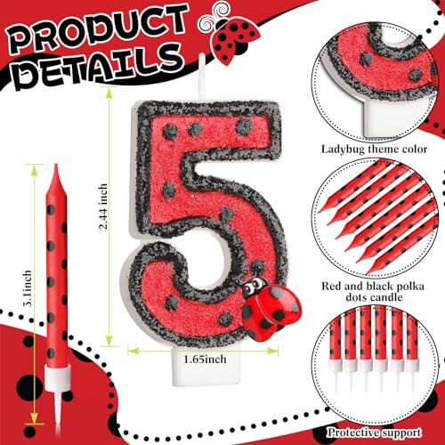 Herdear Ladybug Number 1-9 Birthday Cake Candle Numeral Birthday Candles Birthday Decorations Black Red Polka Dots Ladybird Dots Ladybug Theme Candles for Birthday Party Baby Shower (Number 5)