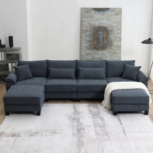 133" oversized corduroy upholstered modular deep seat cloud sectional sofa couch w/4 pillows & reversible chaise, u-shaped corner combo furniture with movable ottoman convertible sleeper sofabed