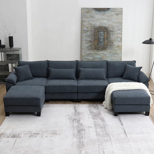 133" Oversized Corduroy Upholstered Modular Deep Seat Cloud Sectional Sofa Couch W/4 Pillows & Reversible Chaise, U-Shaped Corner Combo Furniture with Movable Ottoman Convertible Sleeper Sofabed