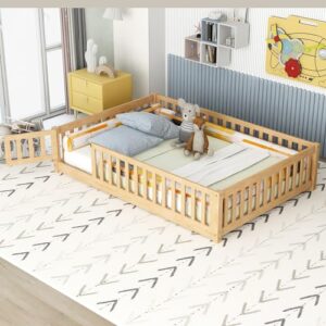 Bellemave Full Size Floor Bed with Door and Fence for Kids, Montessori Floor Bed with Slats and Safety Guardrails,Solid Wood Full Bed Frame for Girls Boys(Full,Natural)