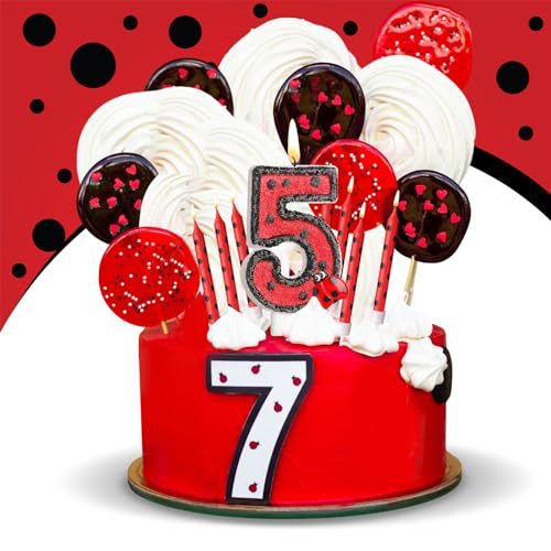 Herdear Ladybug Number 1-9 Birthday Cake Candle Numeral Birthday Candles Birthday Decorations Black Red Polka Dots Ladybird Dots Ladybug Theme Candles for Birthday Party Baby Shower (Number 5)