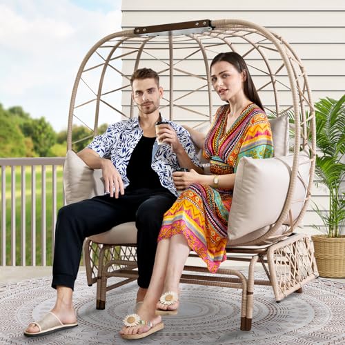 RADIATA Oversized Wicker Double Egg Chair w/ 7 Cushions 500lb Capacity Lounge Basket with Strong Heavy-Duty Steel Frame for Indoor Outdoor Patio Backyard Living Room (Beige)