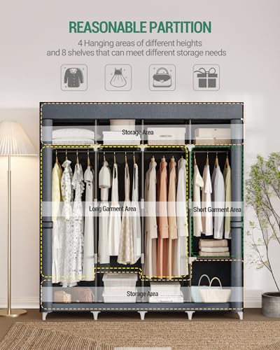 Hzuaneri 67 Inch Closet Wardrobe, Clothes Storage Organizer for Hanging Clothes with Cover, 4 Hanging rods, 9 Storage Shelves, Portable Closet for Bedroom 67 x 16.5 x 66, Pure Grey