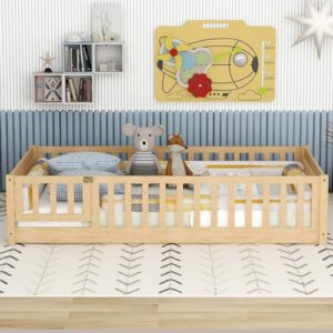 bellemave full size floor bed with door and fence for kids, montessori floor bed with slats and safety guardrails,solid wood full bed frame for girls boys(full,natural)