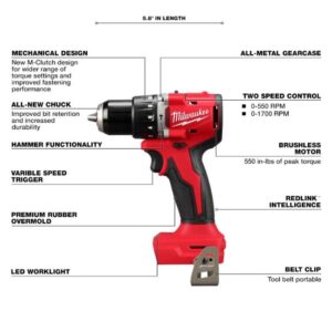 Milwaukee 3610-22CT M18 18V Li-ion Brushless Cordless Compact Hammer Drill/Impact Combo Kit (2-Tool) (New Gen), Red