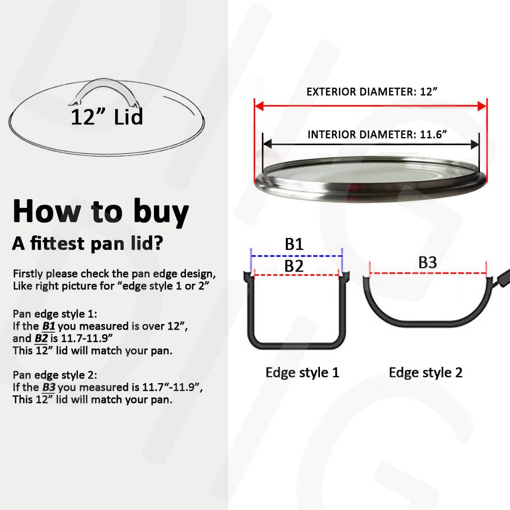 12 IN Glass Lid with Stainless Steel Handle for Frying Pan, Tempered Replacement Cover Compatible for All Cookware for Skillets, Round Cast Iron, Cast Aluminium, Stainless Steel Pans & Pots