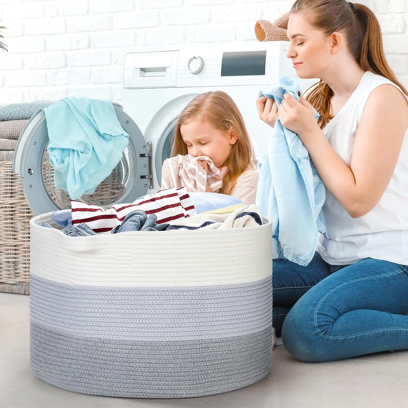 Ravinte Large Storage Basket - 22"x 22"x 14" Blanket Basket for Living Room, Baby Toy Storage Basket, Cotton Rope Basket Woven Laundry Basket (White-Blue-Gray)