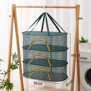 Foldable Drying Net for Vegetables, Fish, and Dehydrated Goods, Multi-tiered Food Drying Net, Versatile Drying Rack, Windproof Design, Zipper Closure for Insect Protection (Dark green, Triple Layer)