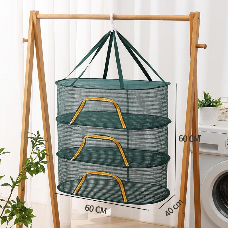 Foldable Drying Net for Vegetables, Fish, and Dehydrated Goods, Multi-tiered Food Drying Net, Versatile Drying Rack, Windproof Design, Zipper Closure for Insect Protection (Dark green, Triple Layer)