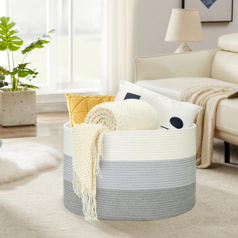 Ravinte Large Storage Basket - 22"x 22"x 14" Blanket Basket for Living Room, Baby Toy Storage Basket, Cotton Rope Basket Woven Laundry Basket (White-Blue-Gray)