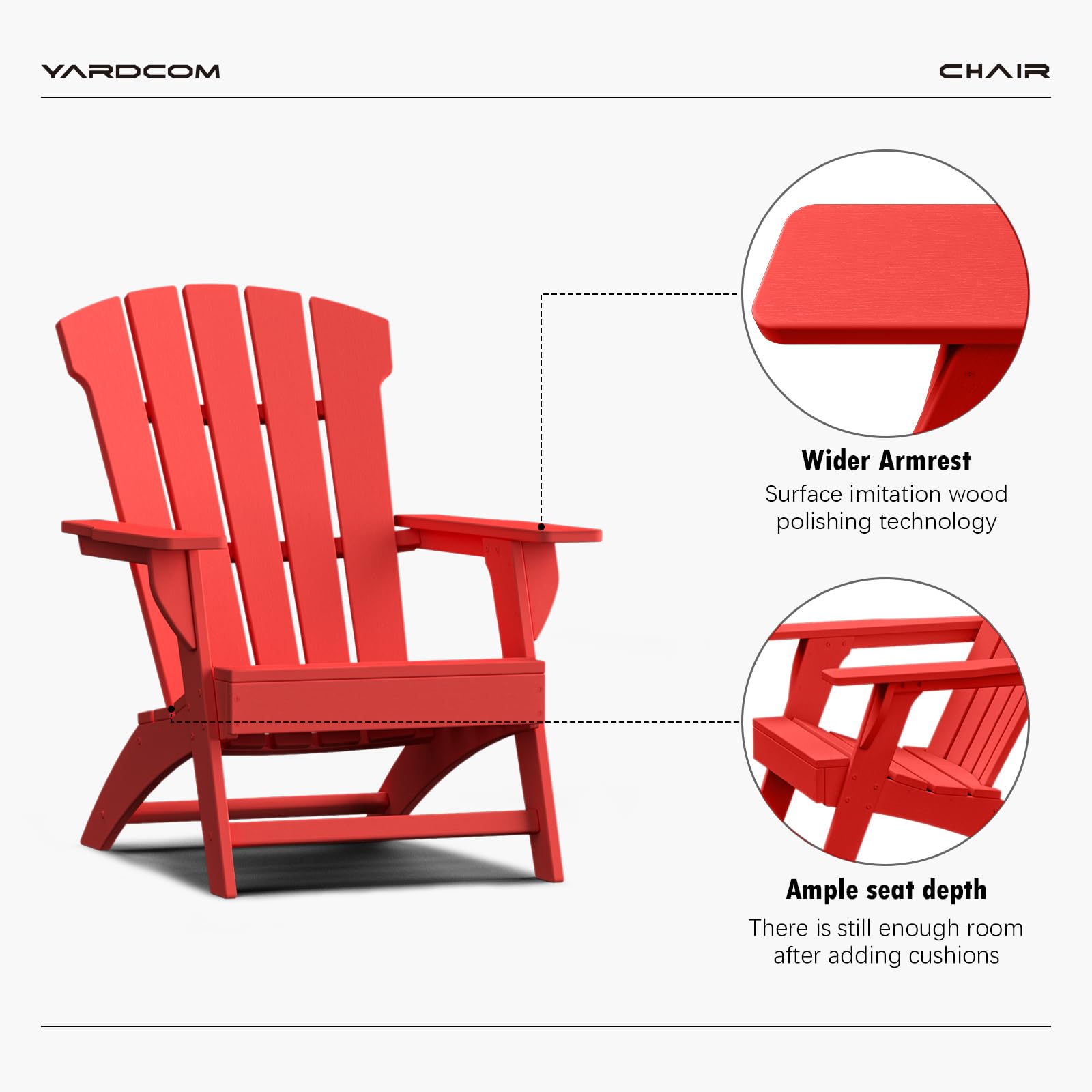 YARDCOM Adirondack Chair, 110°Ergonomics Plastic Extra Tall Adirondack Chairs, HDPE All-Weather Plastic Patio Outdoor Chair, High Foamed Polyethylene Fire Pit Chair(Red)