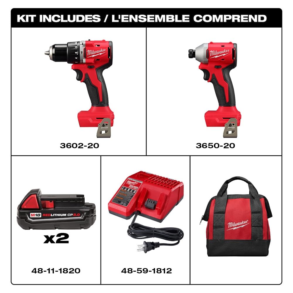 Milwaukee 3610-22CT M18 18V Li-ion Brushless Cordless Compact Hammer Drill/Impact Combo Kit (2-Tool) (New Gen), Red