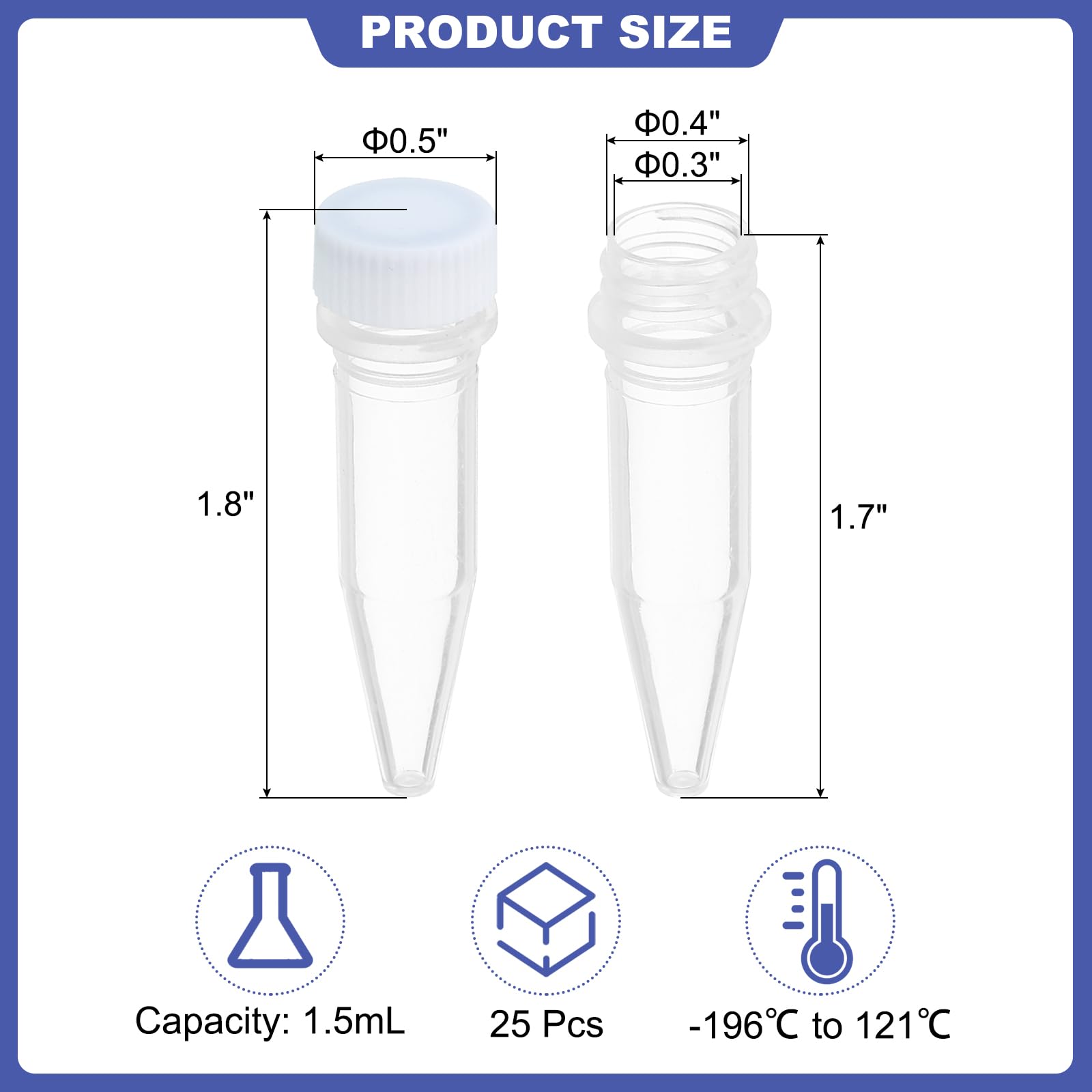 PATIKIL 1.5ml Plastic Cryogenic, 25Pcs Cryogenic Vial Screw Top Frozen Test Tube for Lab Laboratory Science, White Cap