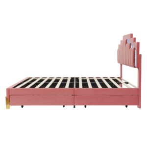 YOPTO Queen Size Velvet Upholstered Platform Bed with LED Lights and 4 Storage Drawers, w/Headboard & Slat Supports,Stylish Irregular Metal Bed Legs Design,for Kids Teens Adults,Pink