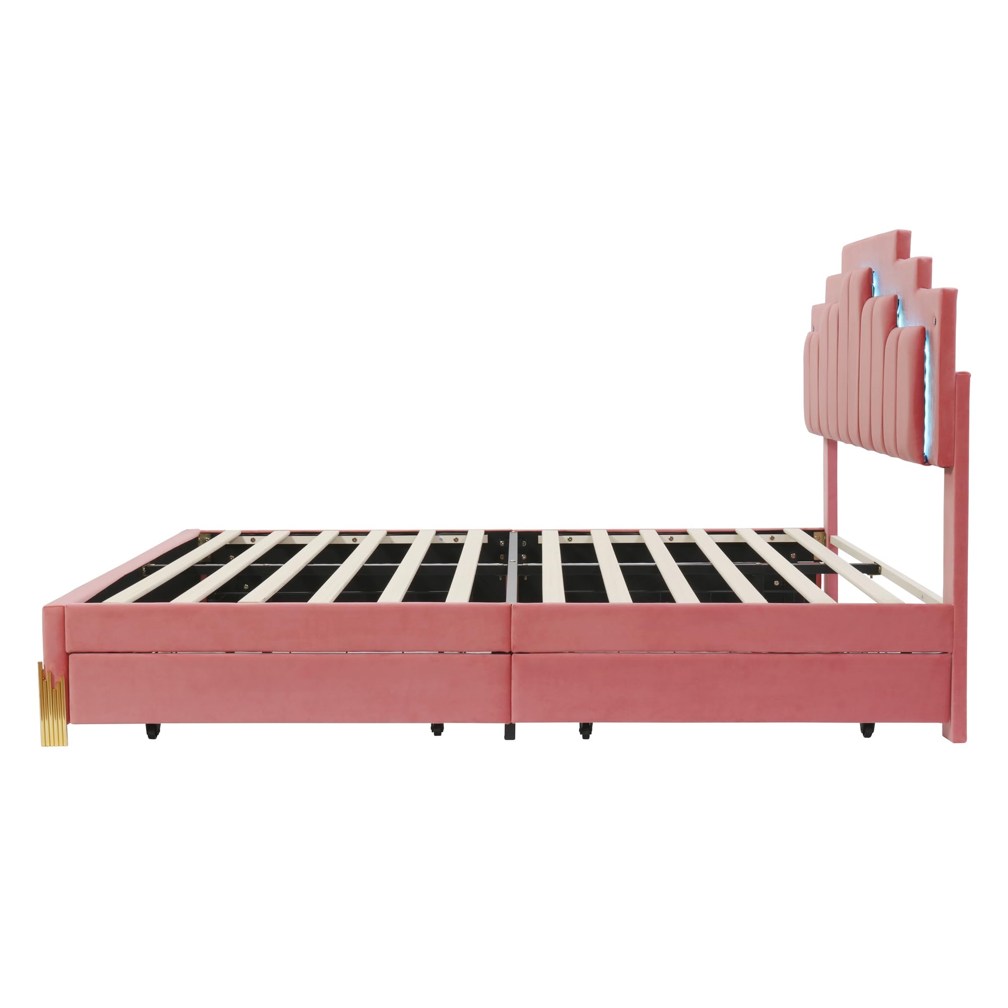 YOPTO Queen Size Velvet Upholstered Platform Bed with LED Lights and 4 Storage Drawers, w/Headboard & Slat Supports,Stylish Irregular Metal Bed Legs Design,for Kids Teens Adults,Pink