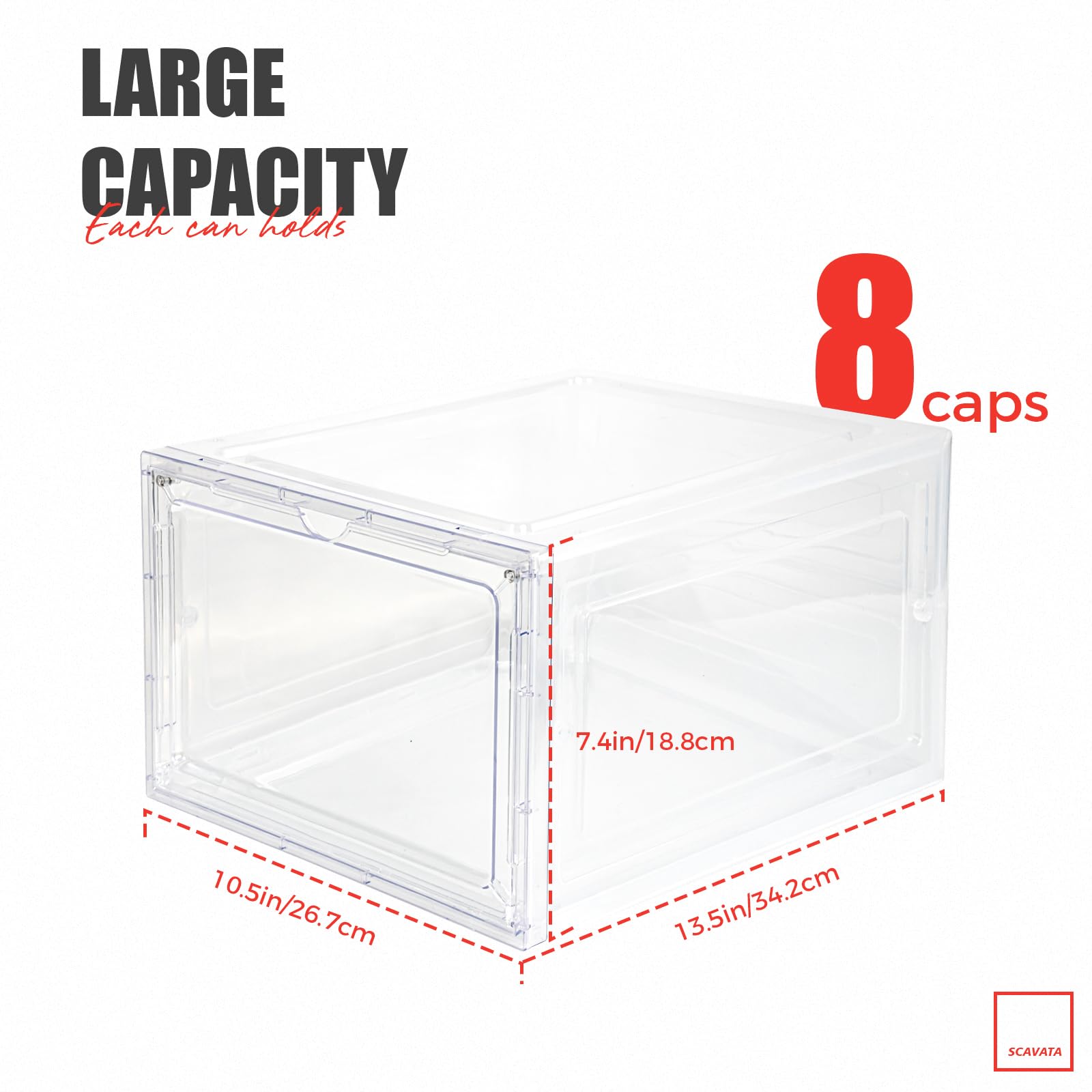 SCAVATA 6 Pack Hat Organizer Box, Stackable Clear Baseball Caps Holder Box Containers with Magnetic Door for Hats Snapback Cap Storag, Hat Rack Display Case, Holds 8 Hats Each (Clear)