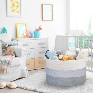 Ravinte Large Storage Basket - 22"x 22"x 14" Blanket Basket for Living Room, Baby Toy Storage Basket, Cotton Rope Basket Woven Laundry Basket (White-Blue-Gray)