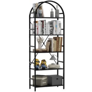 arbuxzuy 5-tier bookshelf, 24 inch width industrial arched bookcase, vintage storage rack with open shelves, free standing shelf for home office, living room,bedroom, black