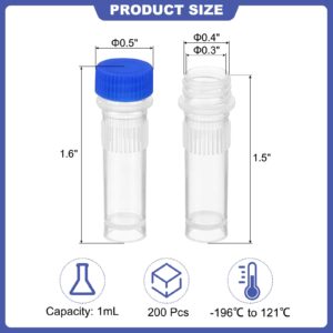 PATIKIL 1ml Plastic Cryogenic, 200Pcs Self Standing Cryogenic Vial Screw Top Frozen Test Tube for Lab Laboratory Science, Blue Cap