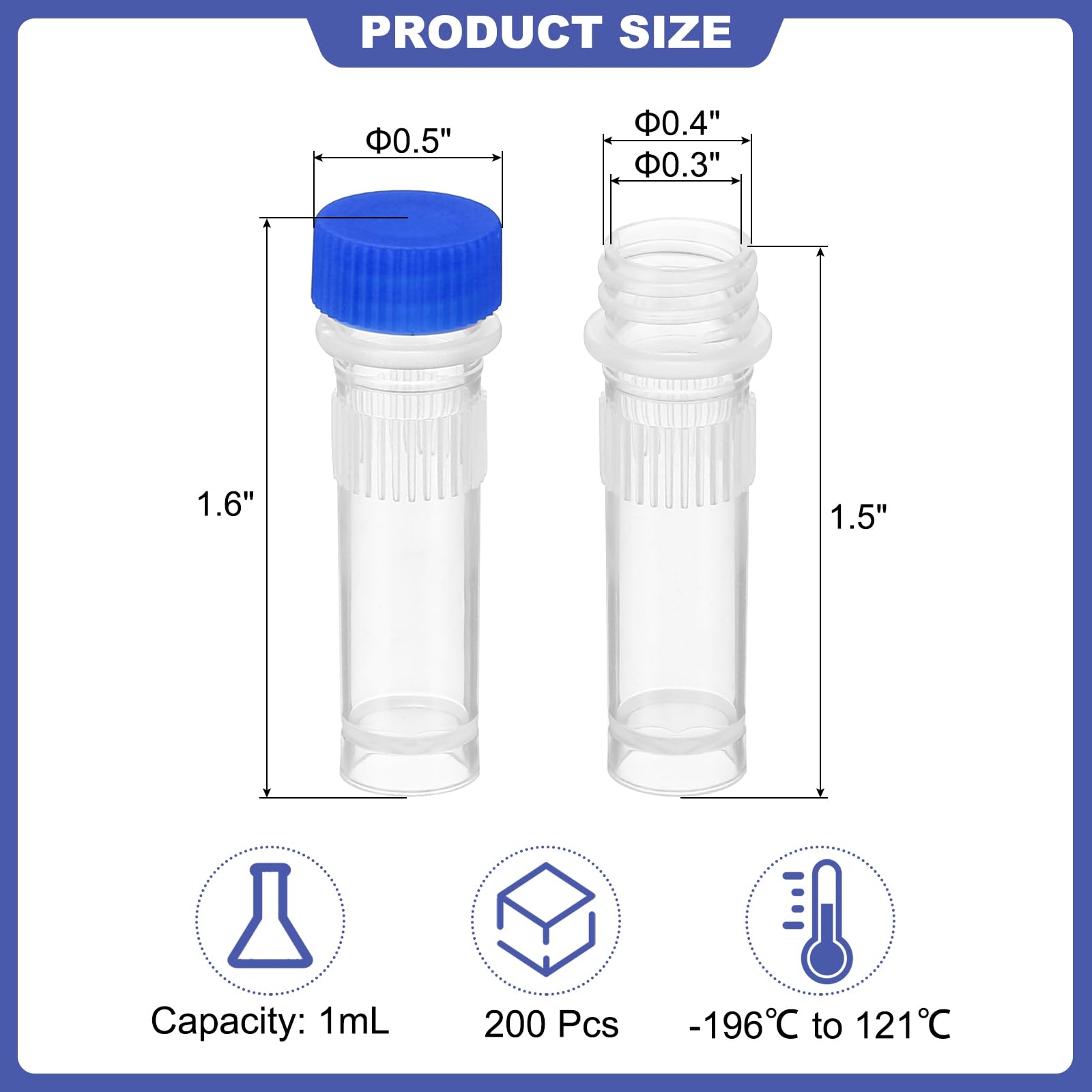 PATIKIL 1ml Plastic Cryogenic, 200Pcs Self Standing Cryogenic Vial Screw Top Frozen Test Tube for Lab Laboratory Science, Blue Cap