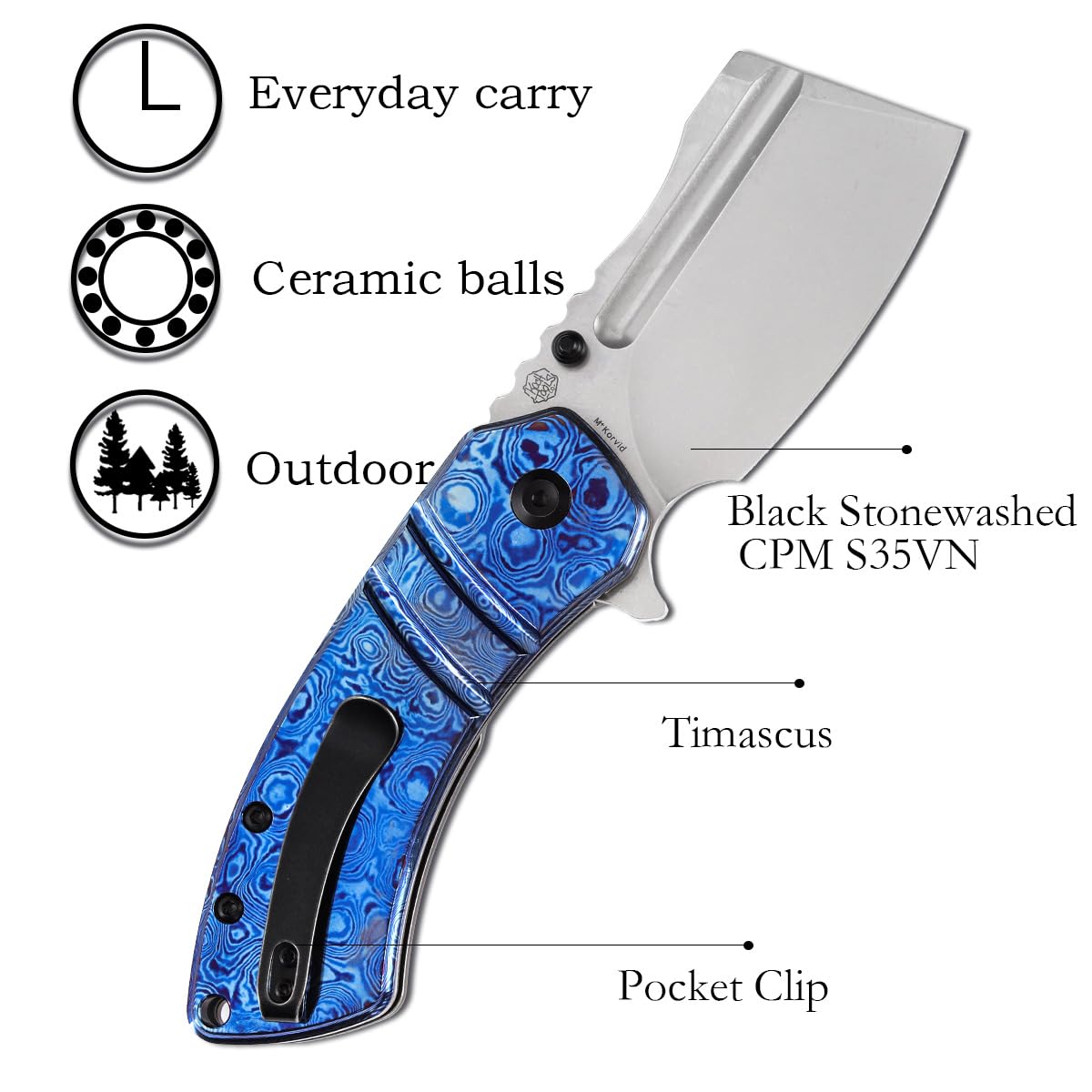 KANSEPT M+ Korvid Pocket Folding Knives Pocket Knife 3.07''Stonewashed CPM S35VN Blade,Timascus Handle,Cleaver Pocket Folding Knife for Everyday Carry K2030C1U