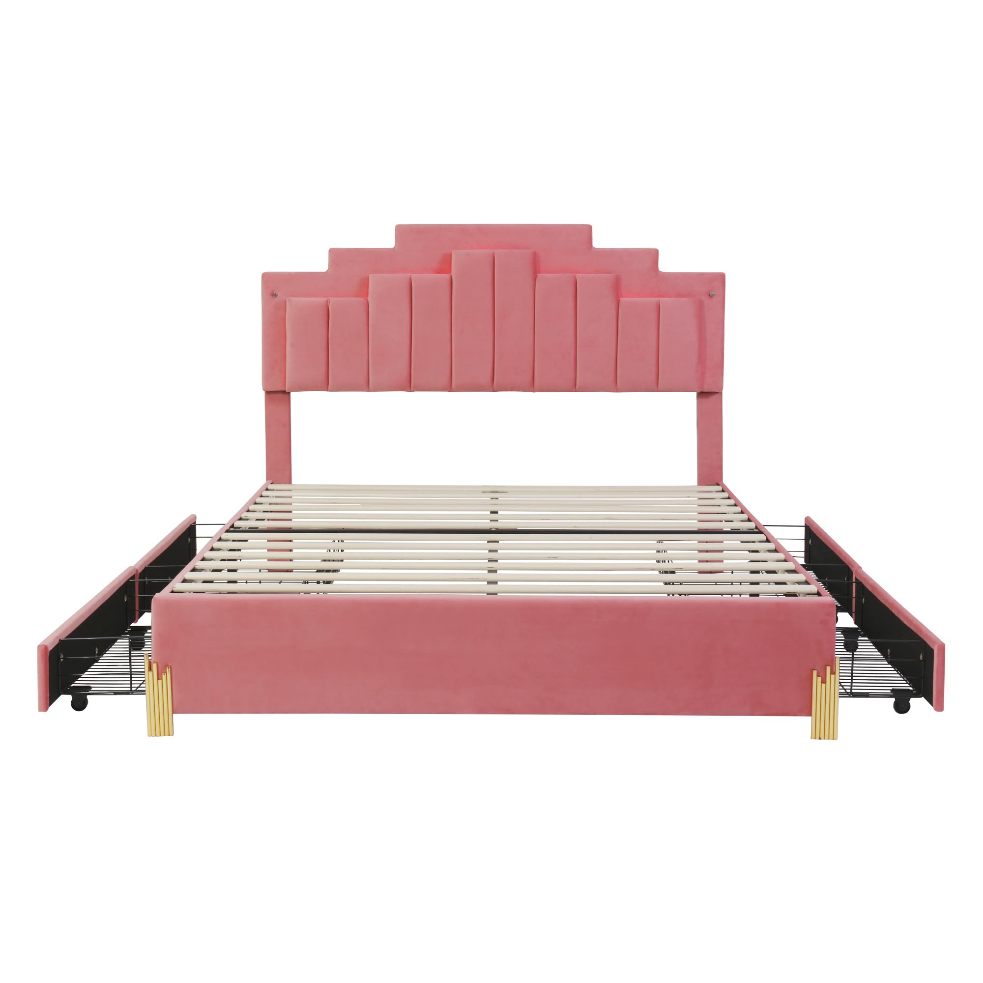 YOPTO Queen Size Velvet Upholstered Platform Bed with LED Lights and 4 Storage Drawers, w/Headboard & Slat Supports,Stylish Irregular Metal Bed Legs Design,for Kids Teens Adults,Pink